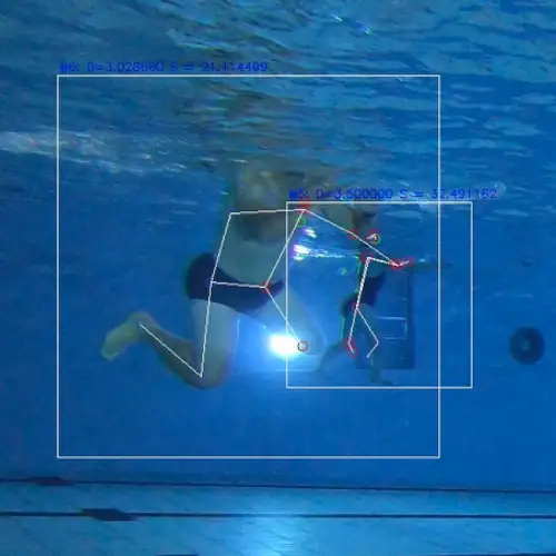 Unterwasser Foto einer schwimmenden Person von KI verfolgt